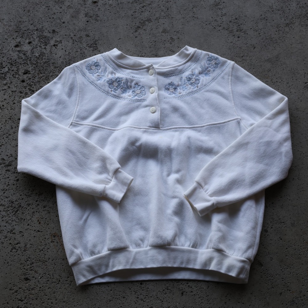 90s Bon Worth Floral Embroidered Henley Sweatshirt Womens Size XS Petite White